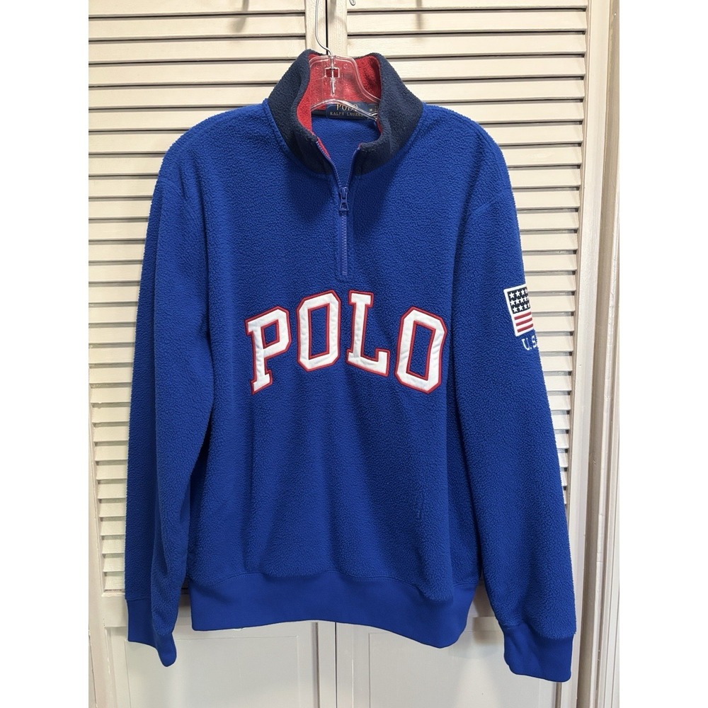 Polo Ralph Lauren Blue 1/4 Zip Sherpa Pullover Size M Embroidered Logo Flag